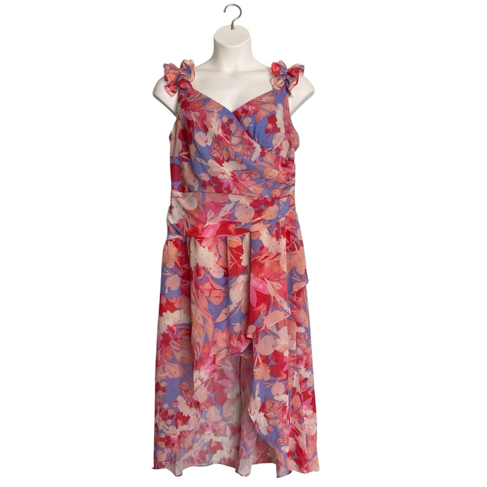R & M Richards Petite Floral Chiffon Faux Wrap High Low Midi Dress Plus Size 14P